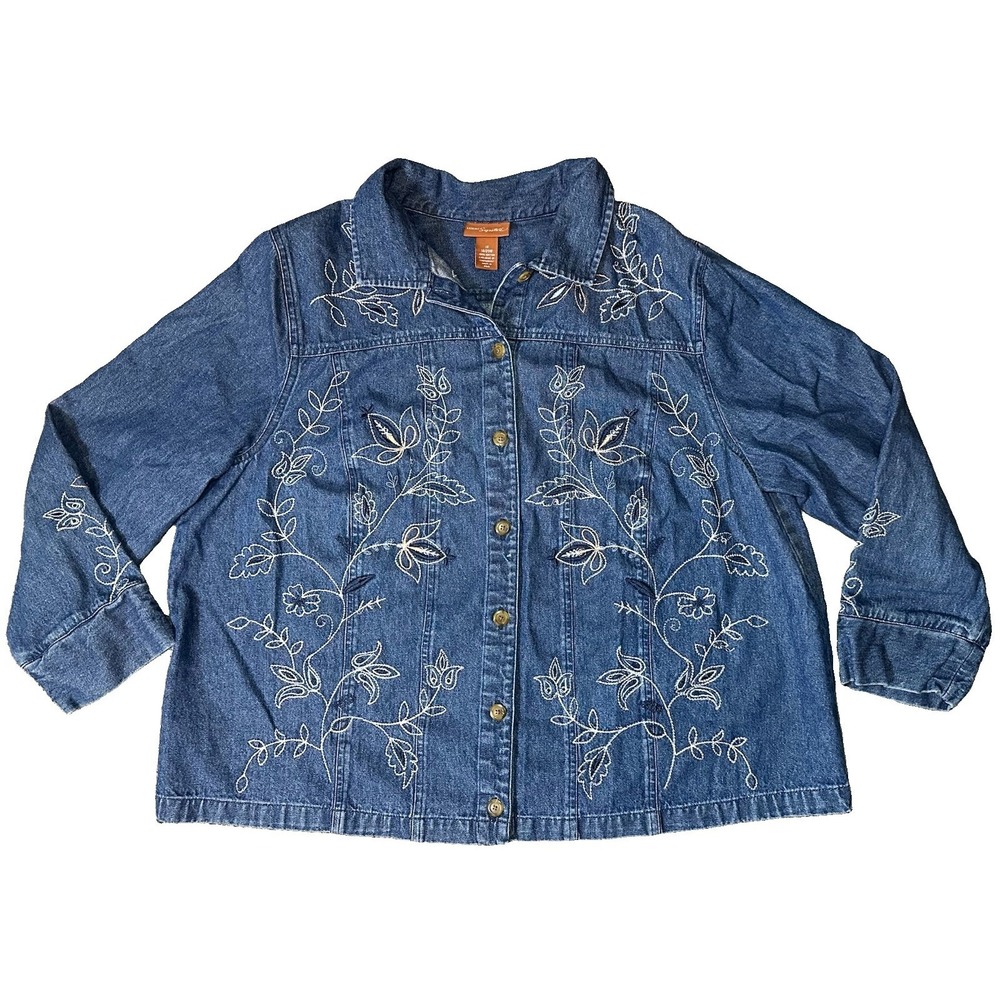Liz & Me Women's 1X Denim Jean Embroidered Floral Shacket Button Up 90's